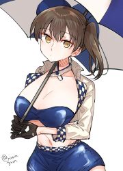 Rule 34 | 1girl, alternate costume, black gloves, blue bra, blue skirt, bra, breasts, brown eyes, checkered clothes, commentary request, cowboy shot, gloves, highres, jacket, kaga (kancolle), kantai collection, large breasts, long hair, looking at viewer, matsunaga (haku), midriff, race queen, simple background, skirt, solo, umbrella, underwear, white background, white jacket