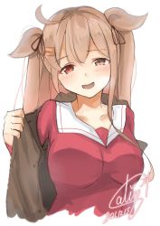 Rule 34 | 1girl, blouse, brown coat, brown eyes, calin, coat, cropped torso, dated, heterochromia, highres, kantai collection, light brown hair, long hair, looking at viewer, murasame (kancolle), murasame kai ni (kancolle), official alternate costume, one-hour drawing challenge, red eyes, red shirt, shirt, signature, simple background, solo, two side up, upper body, white background