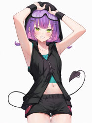 Rule 34 | 1girl, absurdres, armpits, arms up, black jacket, black shorts, blush, commentary request, cowboy shot, demon tail, eyewear on head, green eyes, green shirt, grin, highres, hololive, jacket, looking at viewer, low twintails, midriff, piercing, pink hair, presenting armpit, purple hair, runlan 0329, shirt, short shorts, shorts, sleeveless, sleeveless jacket, sleeveless shirt, smile, solo, standing, tail, tail ornament, tail piercing, tokoyami towa, twintails, virtual youtuber, wristband