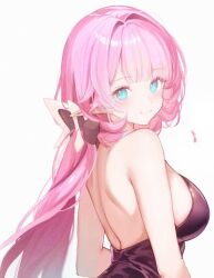 Rule 34 | 1girl, arms at sides, backless dress, backless outfit, bare shoulders, black bow, black dress, blue eyes, blush, bow, breasts, closed mouth, commentary, dot nose, dress, eighth note, elysia (honkai impact), from side, hair bow, hair intakes, honkai (series), honkai impact 3rd, kagefumi, long bangs, long hair, looking at viewer, low-tied long hair, median furrow, medium breasts, musical note, pink hair, pink pupils, pointy ears, sideboob, sidelocks, simple background, smile, solo, strapless, strapless dress, symbol-only commentary, upper body, white background