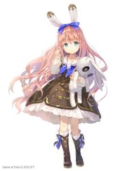 Rule 34 | animal ears, boots, bow, copyright request, dress, frilled dress, frills, gilse, green eyes, joycity, long hair, looking at viewer, pink hair, rabbit ears, solo, stuffed animal, stuffed rabbit, stuffed toy, watermark