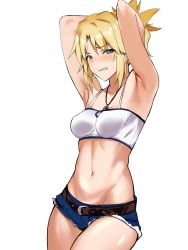 Rule 34 | 1girl, akire (akireru shoujo), armpits, arms behind head, arms up, bandeau, bare shoulders, belt, blonde hair, blue shorts, blush, breasts, clenched teeth, collarbone, cowboy shot, cutoffs, denim, denim shorts, fate/apocrypha, fate (series), green eyes, highres, long hair, looking at viewer, medium breasts, midriff, mordred (fate), mordred (fate/apocrypha), mordred (memories at trifas) (fate), navel, parted bangs, ponytail, red scrunchie, scrunchie, short shorts, shorts, sidelocks, simple background, solo, teeth, thighs, white background