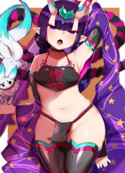Rule 34 | 1girl, armpits, black choker, black thighhighs, breasts, choker, covered erect nipples, creature, detached sleeves, earrings, fate/grand order, fate (series), hand up, headpiece, highres, jewelry, long sleeves, looking at viewer, low twintails, medium hair, open mouth, pelvic curtain, pointy ears, purple eyes, purple hair, shawl, shuten douji (fate), shuten douji (fate/grand order), shuten douji (halloween caster) (fate), small breasts, solo, stirrup legwear, thigh gap, thighhighs, toeless legwear, toes, twintails, utsusumi kio