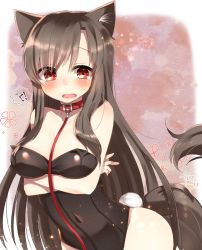Rule 34 | !?, 1girl, abe suke, alternate costume, animal ears, blush, breasts, brown hair, cleavage, commentary request, covered erect nipples, cowboy shot, crossed arms, fake tail, highres, imaizumi kagerou, leotard, long hair, looking at viewer, medium breasts, open mouth, playboy bunny, rabbit tail, red eyes, sidelocks, signature, solo, tail, touhou, very long hair, wolf ears, wolf tail