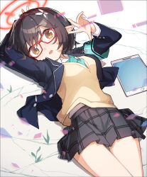 Rule 34 | 1girl, aqua necktie, armband, ayane (blue archive), bikini, black hair, blazer, blue archive, blush, collared shirt, commentary request, cowboy shot, crack, cracked glass, flower, glasses, hair flower, hair ornament, halo, highres, id card, jacket, long sleeves, looking at viewer, lying, miniskirt, miya kazutomo, necktie, off-shoulder bikini, off shoulder, on back, open mouth, plaid, plaid skirt, pleated skirt, pointy ears, red-framed eyewear, school uniform, shirt, short hair, skirt, solo, sweater vest, swimsuit, tablet pc, yellow eyes