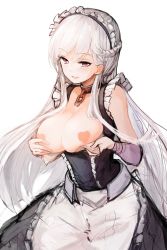 Rule 34 | 1girl, :d, apron, azur lane, belfast (azur lane), black dress, blush, braid, breasts, breasts out, chain, dorok, dress, french braid, frilled apron, frills, heart, heart-shaped pupils, heart pasties, highres, large breasts, long hair, looking at viewer, maid, maid apron, maid headdress, open mouth, pasties, purple eyes, simple background, smile, solo, straight hair, symbol-shaped pupils, very long hair, waist apron, white apron, white background, white hair