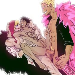 Rule 34 | 3boys, abs, anal, arm tattoo, black hair, blonde hair, bottle, brothers, chest tattoo, closed eyes, donquixote doflamingo, donquixote rocinante, double penetration, earrings, erection, facial hair, feather coat, goatee, group sex, hat, height difference, holding, holding bottle, jewelry, male penetrated, male pubic hair, maxkennedy nsfw, mmm threesome, multiple boys, muscular, muscular male, nipples, nude, one piece, penis, pubic hair, reverse cowgirl position, sex, sex from behind, shirt, short hair, shoulder tattoo, siblings, size difference, smirk, straddling, sunglasses, tattoo, testicles, threesome, trafalgar law, wince, yaoi