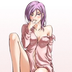 Rule 34 | 1girl, armored core, armored core: for answer, breasts, cum, female focus, from software, no bra, purple hair, serene haze, sitting, solo, tatuya