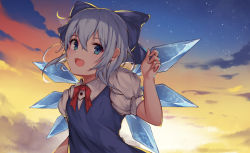 Rule 34 | 1girl, aoman de cangshu, backlighting, blue bow, blue dress, blue eyes, bow, cirno, cloud, cloudy sky, commentary request, dress, fang, flat chest, hair between eyes, hair bow, highres, ice, ice wings, night, night sky, open mouth, puffy short sleeves, puffy sleeves, red neckwear, short sleeves, silver hair, skin fang, sky, solo, star (sky), starry sky, sunset, touhou, wings
