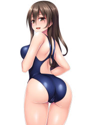 Rule 34 | 1girl, absurdres, ashigara (kancolle), ass, blue one-piece swimsuit, breasts, brown eyes, brown hair, cameltoe, casual one-piece swimsuit, cleft of venus, cowboy shot, hair between eyes, highres, kantai collection, long hair, looking at viewer, looking back, medium breasts, one-piece swimsuit, open mouth, ruin re birth, simple background, solo, swimsuit, wavy hair, white background