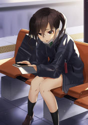 Rule 34 | 1girl, :o, bad id, bad pixiv id, black jacket, black socks, blurry, brown eyes, brown footwear, brown hair, cellphone, chair, commentary request, depth of field, drawstring, fujimo ruru, green necktie, hair between eyes, highres, holding, holding phone, hood, hood down, hooded jacket, idolmaster, idolmaster cinderella girls, jacket, kneehighs, knees together feet apart, loafers, long hair, long sleeves, looking at viewer, mask, mask pull, mole, mole under eye, mouth mask, necktie, open mouth, outdoors, phone, sanpaku, sharp teeth, shirt, shoes, sidelocks, sitting, sleeves past wrists, smartphone, smartphone case, socks, solo, sunazuka akira, surgical mask, teeth, thighs, tile floor, tiles, train station, twintails, wavy hair, white shirt, zipper pull tab