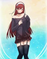 Rule 34 | 1girl, alternate costume, blush, cherche (fire emblem), dress, embarrassed, fire emblem, fire emblem awakening, garter straps, gradient background, highres, long hair, looking at viewer, nintendo, red eyes, red hair, solo, thighhighs, tusia, very long hair