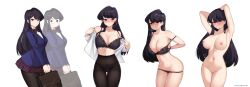 Rule 34 | 1girl, absurdres, arched back, areola slip, armpits, arms behind head, arms up, arrow (symbol), bag, bare shoulders, black bra, black hair, black pantyhose, blazer, blue jacket, blush, bow, bowtie, bra, breasts, cleavage, cleft of venus, closed mouth, collarbone, collared shirt, commentary, completely nude, cowboy shot, diagonal-striped clothes, diagonal-striped skirt, dress shirt, english commentary, heart, highres, hioyami, holding, holding bag, jacket, komi-san wa komyushou desu, komi shouko, lace, lace-trimmed bra, lace-trimmed panties, lace trim, large breasts, long hair, long sleeves, looking at viewer, looking away, meme, miniskirt, multiple views, navel, nipples, nude, off shoulder, open clothes, open shirt, panties, panties under pantyhose, pantyhose, parted lips, patreon username, pleated skirt, purple eyes, pussy, red skirt, school bag, school uniform, shirt, simple background, skirt, stomach, striped, striped clothes, sweat, swept bangs, tears, thigh gap, thighs, triangle, twitter strip game (meme), uncensored, underwear, undressing, v arms, white background, white shirt