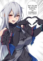 Rule 34 | 1girl, absurdres, arknights, ascot, bare shoulders, black ascot, black gloves, blush, breasts, commentary, detached sleeves, elbow gloves, emphasis lines, gloves, grey hair, heart, heart hands, highres, infection monitor (arknights), large breasts, long hair, looking at viewer, no headwear, open mouth, red eyes, short sleeves, skadi (arknights), solo, symmetricturd, upper body, very long hair, white background