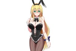 Rule 34 | 1girl, animal ears, bare shoulders, blonde hair, blush, bow, bowtie, breasts, rabbit ears, rabbit tail, playboy bunny, cleavage, fake animal ears, fake tail, game cg, glasses, green eyes, hair between eyes, large breasts, long hair, nuko majin, pantyhose, simple background, solo, standing, tail, tearju lunatique, to love-ru, to love-ru darkness, wrist cuffs