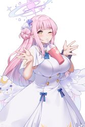 Rule 34 | 1girl, absurdres, blue archive, highres, long hair, looking at viewer, mika (blue archive), one eye closed, pink hair, simple background, smile, solo, watchdog rol (y1104280730), wings, yellow eyes