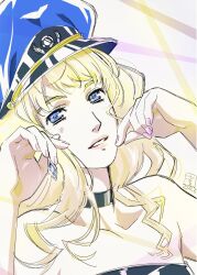 Rule 34 | 1girl, bare shoulders, birthday, black choker, black tube top, blonde hair, blue eyes, blue hat, choker, collarbone, commentary request, dated, earrings, facial mark, glint, hands up, hat, heart, heart facial mark, highres, holding, jewelry, lips, long hair, looking at viewer, macross, macross frontier, marufuji hirotaka, military hat, official alternate costume, parted lips, pink nails, sheryl nome, signature, single earring, solo, strapless, thick eyebrows, tube top, upper body