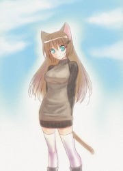 Rule 34 | animal ears, aqua eyes, arms behind back, bottomless, cat ears, cat tail, dress, hair ornament, hairpin, hikabe sakuho, original, solo, sweater, sweater dress, tail, thighhighs, zettai ryouiki