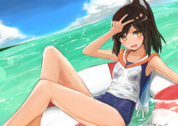 Rule 34 | 10s, 1girl, brown eyes, brown hair, dutch angle, i-401 (kancolle), innertube, kantai collection, misaho mi, one-piece swimsuit, ponytail, sailor collar, school swimsuit, short hair, short ponytail, sitting, solo, swim ring, swimsuit, swimsuit under clothes, tan, v, water