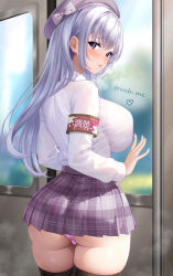 Rule 34 | 1girl, against glass, against window, armband, ass, beret, blue eyes, blush, breast press, breasts, come hither, commentary request, english text, from behind, grey hair, grey hat, hat, highres, indie virtual youtuber, large breasts, long hair, looking at viewer, naito mare (vtuber), panties, pink panties, plaid, plaid skirt, purple panties, red armband, shirt, skirt, solo, standing, steam, studiopokotan, underwear, virtual youtuber, white shirt, window