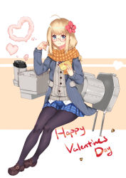 Rule 34 | 1girl, absurdres, ahoge, black pantyhose, blonde hair, blue eyes, blue jacket, blue skirt, blush, brown pantyhose, buttons, cannon, closed mouth, english text, envelope, flower, full body, glasses, grey sweater, hair flower, hair ornament, hands up, heart, highres, holding, holding envelope, holding own hair, hood (warship girls r), jacket, lips, loafers, looking at viewer, machinery, multicolored clothes, multicolored necktie, necktie, open clothes, open jacket, orange scarf, pantyhose, plaid, plaid scarf, plaid skirt, pleated skirt, r.r (yohanee), red-framed eyewear, round eyewear, scarf, shirt, shoes, short hair, simple background, sitting, skirt, smile, smoke, smoke heart, smokestack, solo, striped clothes, striped jacket, striped necktie, striped neckwear, sweater, sweater jacket, turret, warship girls r, white shirt