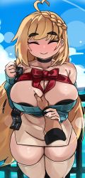 Rule 34 | 1boy, 1girl, black bra, blonde hair, blue sweater, blush, bra, braid, grabbing another&#039;s breast, breasts, choker, cleavage, closed eyes, disembodied hand, grabbing, guided breast grab, guiding hand, highres, huge breasts, large breasts, long hair, looking at viewer, miniskirt, pencil skirt, pov, pov hands, ribbon, skirt, smile, solo focus, sweater, thick thighs, thighhighs, thighs, underwear, very long hair, zanamaoria
