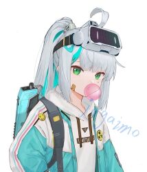 Rule 34 | 1girl, ahoge, artist name, bandaid, bandaid on face, blowing bubbles, chewing gum, colored inner hair, epinel (nikke), facial tattoo, goddess of victory: nikke, green eyes, green hair, green jacket, grey hair, head-mounted display, hood, hood down, hoodie, jacket, jagaimo (fkpx3827), long hair, looking at viewer, multicolored clothes, multicolored hair, multicolored jacket, open clothes, ponytail, simple background, smiley face, solo, star tattoo, strap, tattoo, two-tone hair, weapon behind back, white background, white hoodie, white jacket