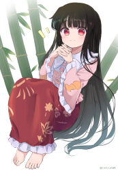 Rule 34 | 1girl, bamboo, barefoot, black hair, blush, closed mouth, feet, frilled skirt, frills, highres, houraisan kaguya, japanese clothes, long hair, long sleeves, pink shirt, ramudia (lamyun), red eyes, red skirt, shirt, simple background, skirt, smile, solo, toenails, toes, touhou, twitter username, white background