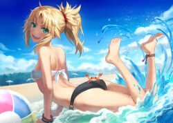 Rule 34 | 1girl, :d, ass, bare shoulders, beach, bikini, bikini bottom only, blonde hair, blue sky, blush, braid, breasts, chest sarashi, crab, day, fate/apocrypha, fate/grand order, fate (series), feet, feet up, french braid, green eyes, hair ornament, hair scrunchie, highres, legs, long hair, looking at viewer, medium breasts, mordred (fate), o-ring, o-ring bottom, open mouth, outdoors, parted bangs, ponytail, red scrunchie, sarashi, scrunchie, sidelocks, sky, smile, solo, swimsuit, teeth, thighs, toes, tonee, upper teeth only, water