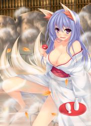 Rule 34 | 1girl, absurdres, animal ears, bare shoulders, blue hair, blush, breasts, cleavage, fox, fox ears, fox tail, heart, heart-shaped pupils, highres, japanese clothes, kimono, unworn kimono, kozureokami20, large breasts, looking at viewer, multiple tails, no bra, no panties, off shoulder, open mouth, original, purple eyes, see-through, sitting, slime, solo, symbol-shaped pupils, tail, yuuki hagure