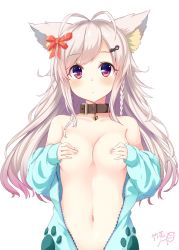 Rule 34 | 1girl, animal ears, antenna hair, artist name, bad id, bad twitter id, bell, braid, breasts, cat ears, cleavage, collar, covering privates, covering breasts, hair ornament, hair ribbon, hairpin, highres, long hair, looking at viewer, navel, neck bell, open clothes, original, ribbon, signature, silver hair, simple background, solo, takehana note, upper body, white background