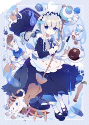 Rule 34 | 1girl, apron, artist name, blue bow, blue dress, blue eyes, blue fire, blue flower, blue rose, blue theme, blunt bangs, book, bow, broom, cat, chocolate, cup, drawer, dress, fire, flower, fork, full body, ghost, highres, holding, holding broom, long hair, looking at viewer, maid, mary janes, original, rose, saijo1201, saucer, shoes, spoon, stool, tea, teacup, teapot, vase, waist apron, white hair, white legwear