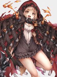 Rule 34 | 1girl, :d, bad id, bad pixiv id, belt buckle, bow (weapon), breasts, brown eyes, brown hair, buckle, cleavage, cloak, commentary request, diamond-shaped pupils, diamond (shape), dress, highres, holding, holding bow (weapon), holding weapon, hood, leg up, red riding hood (sinoalice), long hair, looking at viewer, open mouth, red cloak, ribbed dress, simple background, sinoalice, small breasts, smile, snm (sunimi), solo, symbol-shaped pupils, thighs, weapon, white background, white dress