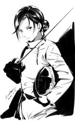 Rule 34 | 1girl, dated, epee, fencing, fencing suit, gloves, greyscale, hair bun, helmet, holding, holding helmet, long sleeves, monochrome, original, parted lips, signature, single hair bun, solo, sword, tsurime, two-tone background, weapon, werkbau
