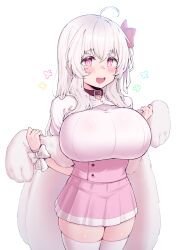 Rule 34 | 1girl, ahoge, belt collar, blush, breasts, cloak, collar, commission, cowboy shot, dress, dungeon and fighter, flower, framed breasts, fur cloak, gyu (kgh9081), hair between eyes, hair flower, hair ornament, hands up, highres, large breasts, long hair, looking at viewer, miniskirt, one side up, open mouth, pantylines, pink dress, pink eyes, pleated skirt, rabbit-shaped pupils, short dress, simple background, skirt, smile, symbol-shaped pupils, tareme, thick thighs, thighhighs, thighs, underbust, white background, white hair, white thighhighs, wrist bow, zettai ryouiki