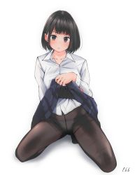 Rule 34 | 1girl, absurdres, amego, bad id, bad pixiv id, black hair, black pantyhose, blush, bob cut, breasts, brown eyes, clothes lift, collarbone, crotch seam, dress shirt, full body, groin, hand up, head tilt, highres, kneeling, lifting own clothes, looking at viewer, medium breasts, original, panties, panties under pantyhose, pantyhose, parted lips, pleated skirt, school uniform, shiny clothes, shirt, short hair, simple background, skirt, skirt lift, solo, spread legs, underwear