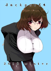 Rule 34 | 1girl, 2018, bent over, black jacket, black skirt, blue background, breasts, brown hair, collared shirt, comiket 95, copyright request, glasses, han (jackpot), jacket, large breasts, medium hair, mole, mole under mouth, office lady, pantyhose, pencil skirt, semi-rimless eyewear, shirt, skirt, solo, white shirt
