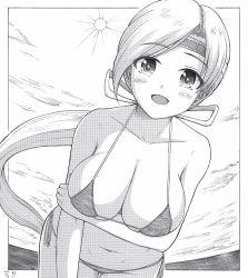 Rule 34 | alternate costume, arm under breasts, bikini, blush, breasts, chitose (kancolle), dated, greyscale, h2 (h20000000), hair ribbon, headband, kantai collection, large breasts, leaning forward, long hair, looking at viewer, low ponytail, monochrome, ribbon, signature, smile, solo, sun, swimsuit