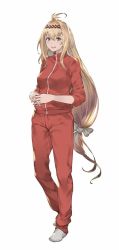 Rule 34 | 1girl, ahoge, blue eyes, blush, full body, granblue fantasy, grey socks, hair ribbon, hairband, jeanne d&#039;arc (granblue fantasy), kakage, long hair, own hands clasped, own hands together, ribbon, simple background, smile, socks, solo, standing, track suit, very long hair, white background
