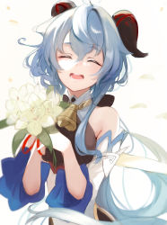 Rule 34 | 1girl, ahoge, bare shoulders, bell, blue hair, commentary request, curled horns, detached sleeves, facing viewer, flower, ganyu (genshin impact), genshin impact, highres, holding, holding flower, horns, long hair, lumo 1121, neck bell, no gloves, petals, qingxin flower, revision, sidelocks, smile, solo, white background, white flower, white sleeves