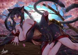 Rule 34 | 1girl, adsouto, animal ears, artist name, black hair, breasts, cat ears, cat girl, cat tail, cleavage, female focus, hair rings, hairband, high school dxd, highres, kuroka (high school dxd), large breasts, lipstick, long hair, makeup, multiple tails, no bra, signature, slit pupils, smile, tail, yellow eyes
