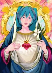 Rule 34 | 1girl, blue hair, christianity, commentary, cosplay, crown, english commentary, eyelashes, flower, hair between eyes, hatsune miku, heart, highres, holding, holding flower, immaculate heart of mary, kashewdon, light rays, long sleeves, looking at viewer, red flower, red rose, rose, shirt, smile, solo, star (symbol), twintails, virgin mary, virgin mary (cosplay), vocaloid, white lily, white shirt