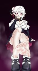 1girl barefoot epvck feet hair_ribbon highres long_hair looking_at_viewer pointy_ears red_eyes ribbon shoes side_bun soles steam sweat toes unworn_shoes white_hair