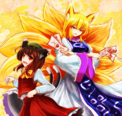 Rule 34 | 2girls, alternate hair length, alternate hairstyle, animal ears, between fingers, blonde hair, bow, brown hair, cat ears, cat tail, chen, crossed arms, daisy, dress, fang, floral background, flower, fox ears, fox tail, hat, holding, long hair, long sleeves, looking at viewer, looking to the side, mob cap, multiple girls, multiple tails, no headwear, ofuda, ofuda between fingers, open mouth, parted lips, red eyes, shinyafuru, short hair, skirt, skirt set, slit pupils, tabard, tail, touhou, yakumo ran, yellow eyes
