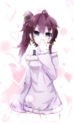 Rule 34 | 1girl, ahoge, covering own mouth, earrings, facial tattoo, grey eyes, hair between eyes, hand over own mouth, heart, heart tattoo, highres, hoop earrings, jewelry, long hair, long shirt, long sleeves, looking at viewer, original, pink shirt, puffy sleeves, qys3, shirt, side ponytail, tattoo