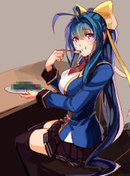Rule 34 | 1girl, :t, antenna hair, bad food, black thighhighs, blazblue, blazblue remix heart, blue hair, blush, bow, breasts, censored, censored food, eating, fake censor, food, food on face, from side, genderswap, genderswap (mtf), hair between eyes, hair bow, large breasts, long hair, looking at viewer, mai natsume, mosaic censoring, plate, ponytail, ribbon, school uniform, selenoring, sidelocks, sitting, solo, spoon, table, thighhighs, very long hair, yellow bow