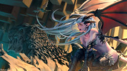 Rule 34 | 1girl, aqua hair, artist name, collarbone, dragon, dragon tail, dragon wings, fangs, feathers, floating, floating hair, flying, highres, horns, kneeling, long hair, looking to the side, midair, navel, nude, open mouth, pointy ears, red wings, solo, tail, teeth, whoareuu, wings, yellow eyes