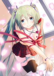 Rule 34 | 1girl, aqua eyes, blue panties, bow, breasts, cleavage, green hair, hair ribbon, hatsune miku, heart, highres, jewelry, long hair, panties, panty pull, pendant, petals, ribbon, skirt, smile, solo, striped clothes, striped panties, thighhighs, tianya beiming, twintails, underwear, very long hair, vocaloid, window