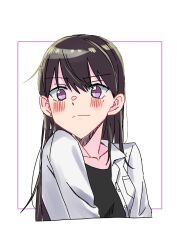 Rule 34 | 1girl, bang dream!, bang dream! it&#039;s mygo!!!!!, black shirt, blush, brown hair, closed mouth, commentary request, earrings, gemini 0320, highres, jewelry, long hair, open clothes, open shirt, purple eyes, shiina taki, shirt, simple background, smile, solo, white background, white shirt