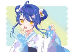Rule 34 | 1girl, :d, absurdres, ahoge, amamiya kokoro, bell, blue hair, blue kimono, blush, border, breasts, commission, double bun, fang, fingernails, flower, hair bell, hair bun, hair flower, hair ornament, hair up, hairclip, hand to own mouth, highres, japanese clothes, jingle bell, kimono, long sleeves, looking at viewer, miyadani risa, nijisanji, open mouth, pinching sleeves, ribbon, second-party source, simple background, skeb commission, skin fang, small breasts, smile, solo, upper body, virtual youtuber, white border, white kimono, x hair ornament, yellow eyes